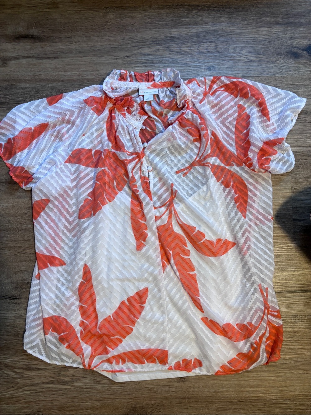 💛2 for $15! Lightweight White Blouse with Coral Leaf Print